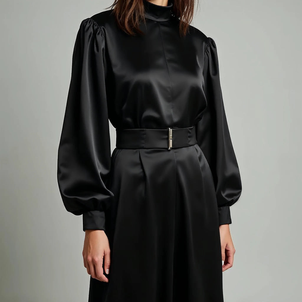 Solenne - Mock-Neck Bishop-Sleeve Satin Midi Dress