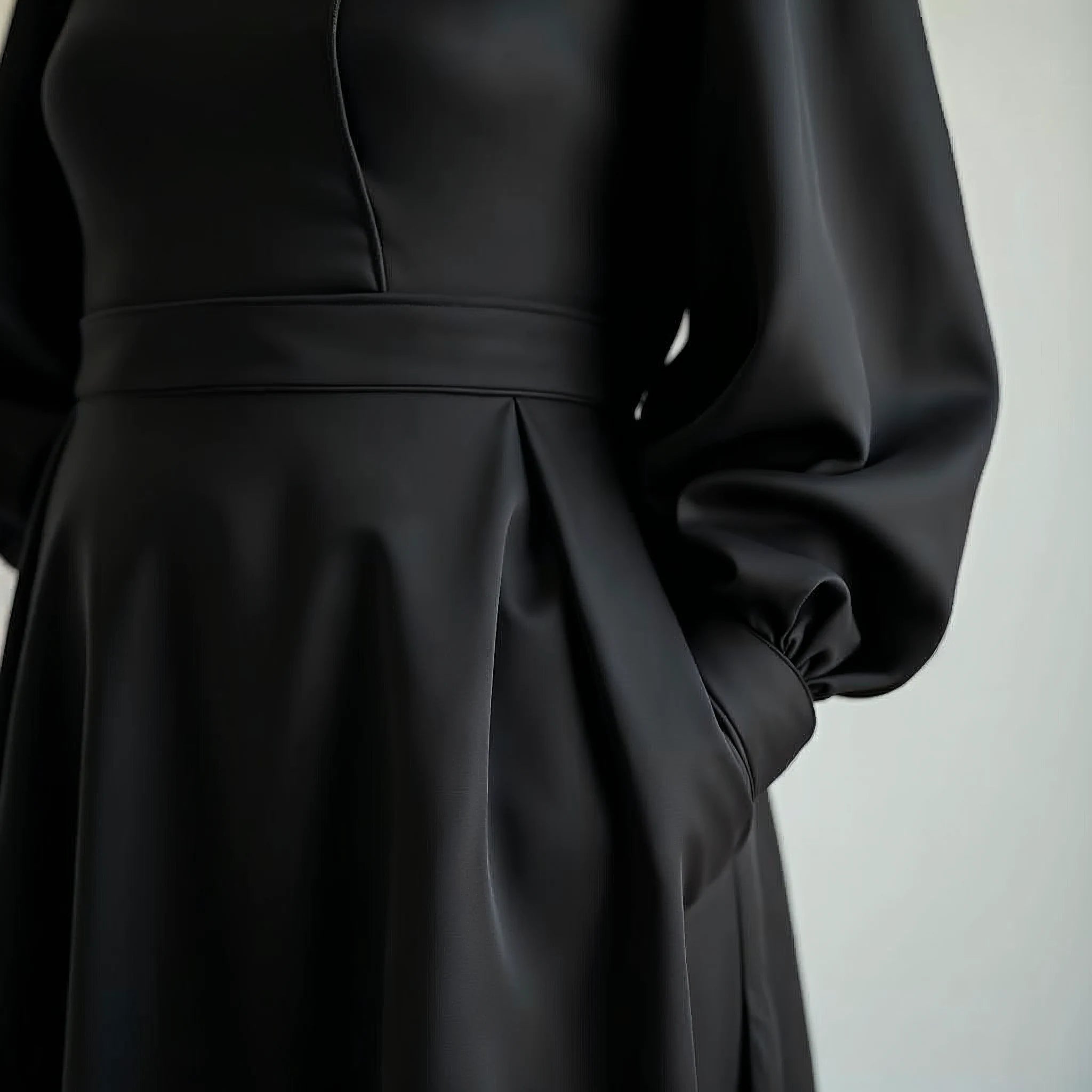 Solenne - Mock-Neck Bishop-Sleeve Satin Midi Dress