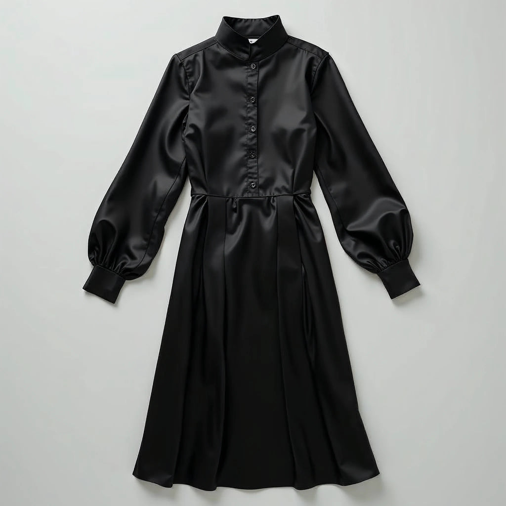 Solenne - Mock-Neck Bishop-Sleeve Satin Midi Dress