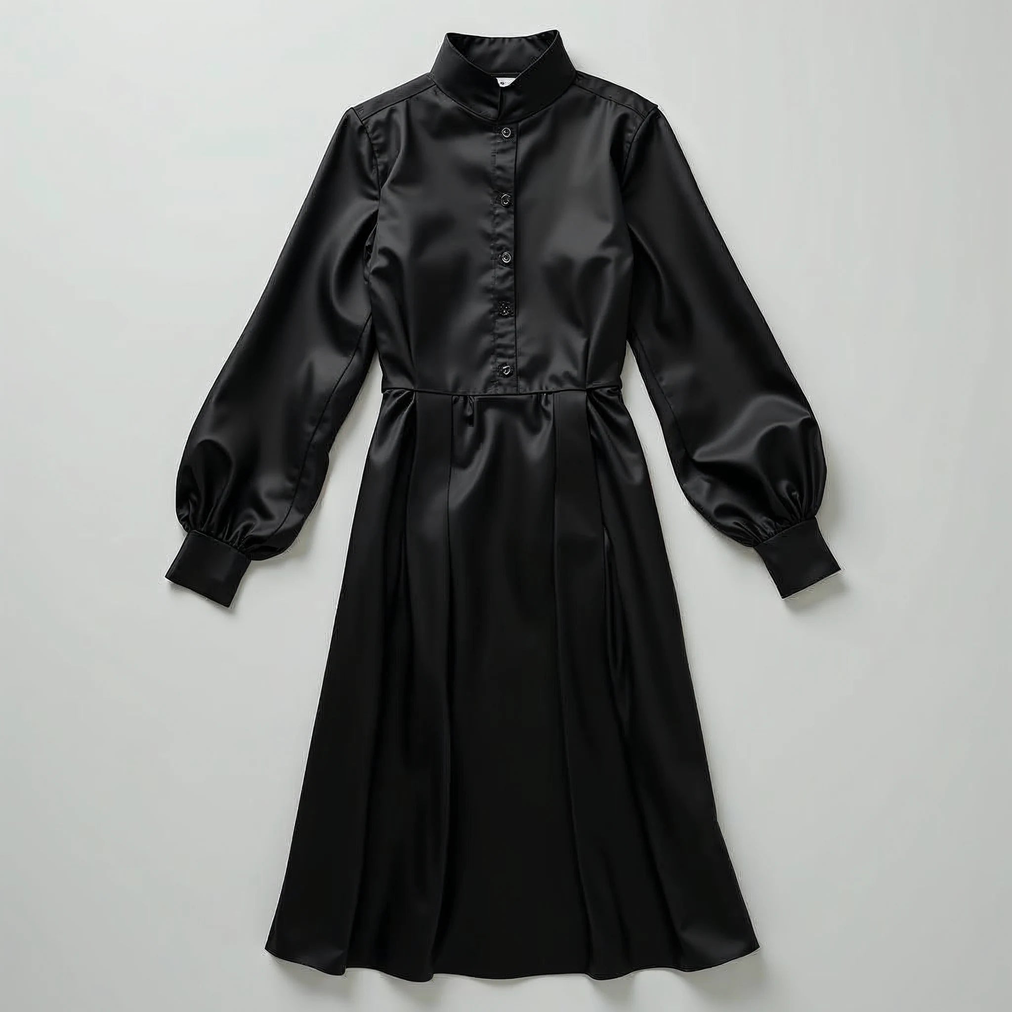 Solenne - Mock-Neck Bishop-Sleeve Satin Midi Dress