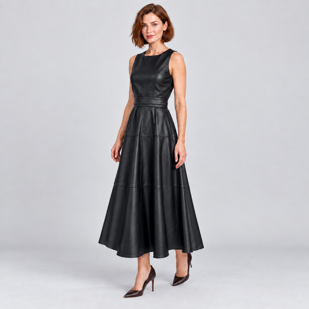 Venetia sleeveless faux leather midi dress in black, angled view