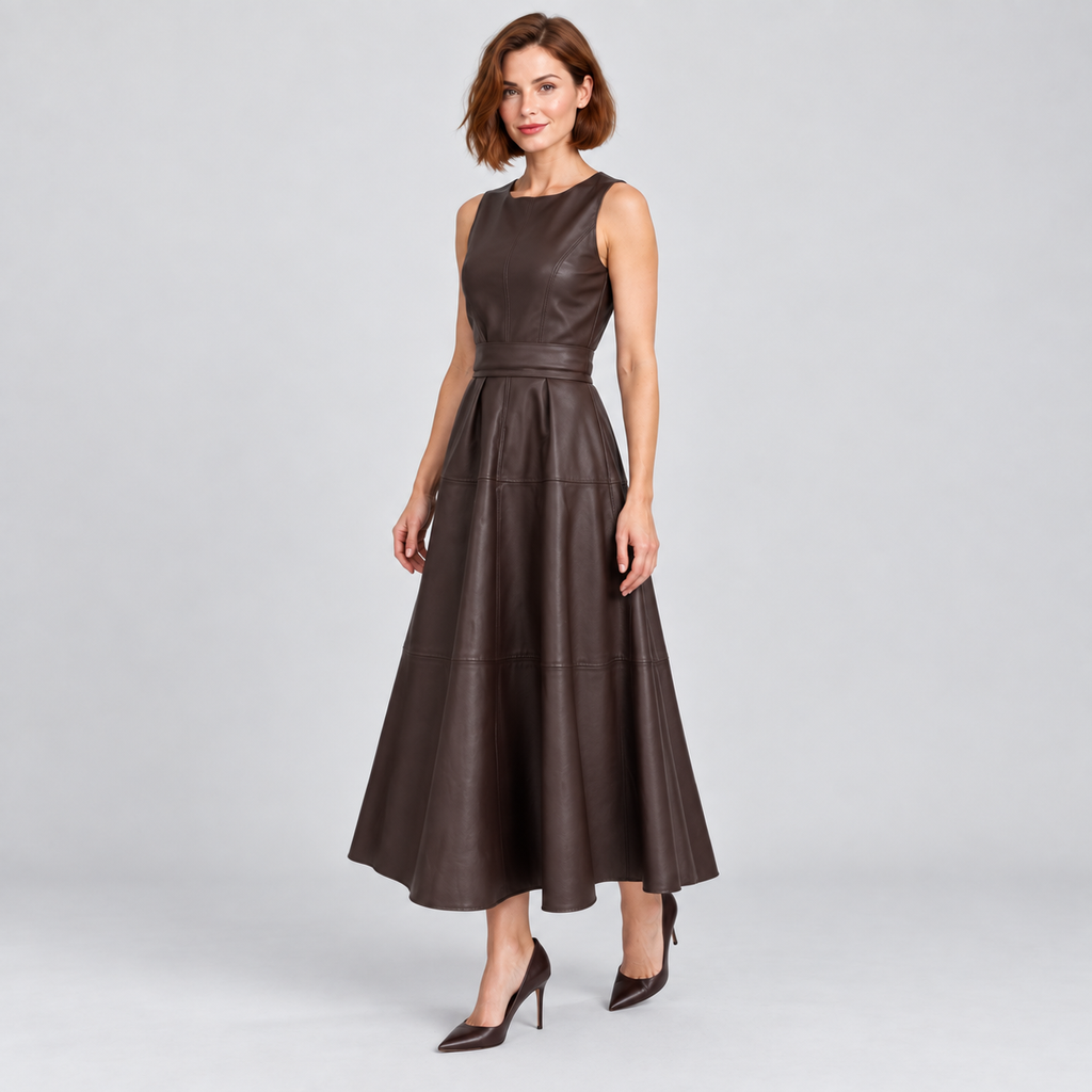 Venetia sleeveless faux leather midi dress in dark brown, angled view