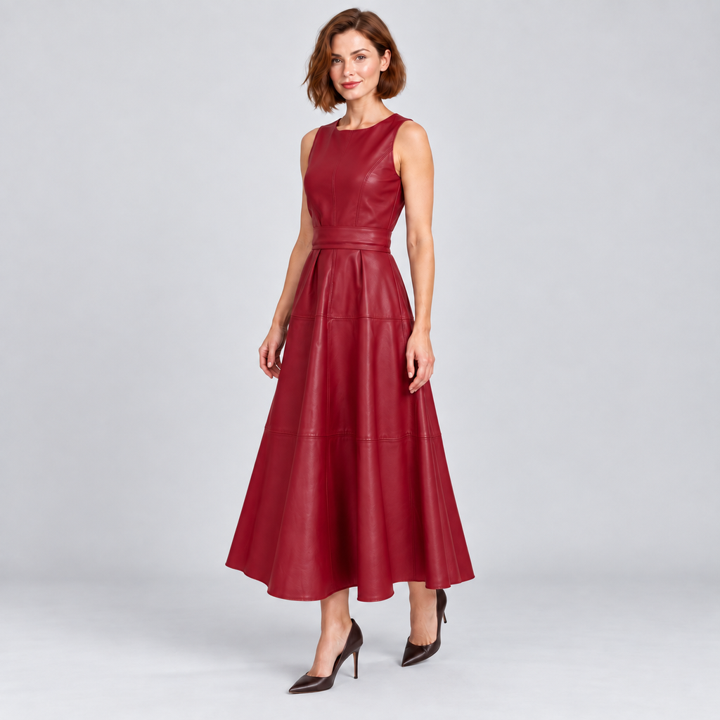 Venetia sleeveless faux leather midi dress in red, angled view