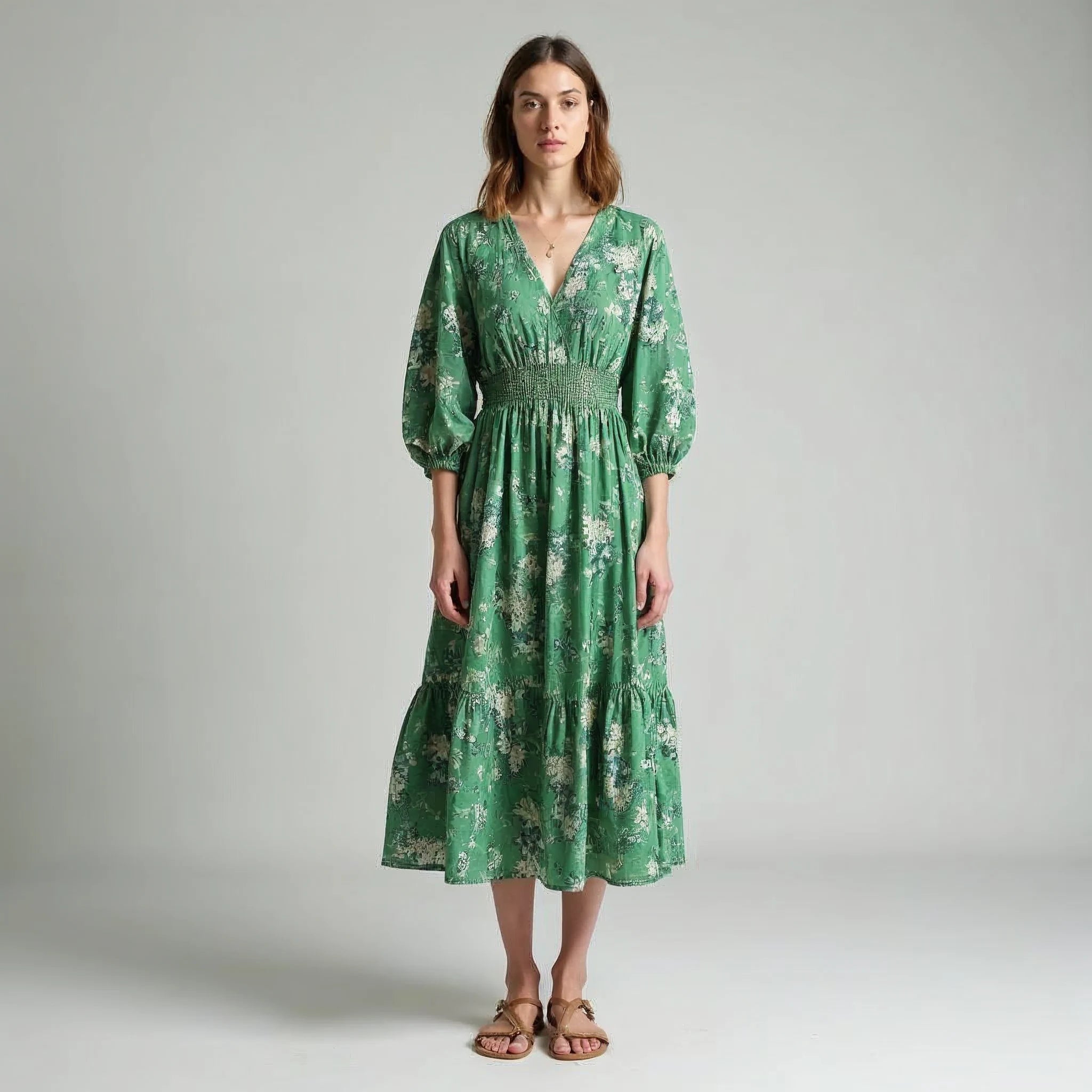 Verlaine - Floral V-Neck Smocked-Waist Midi Dress