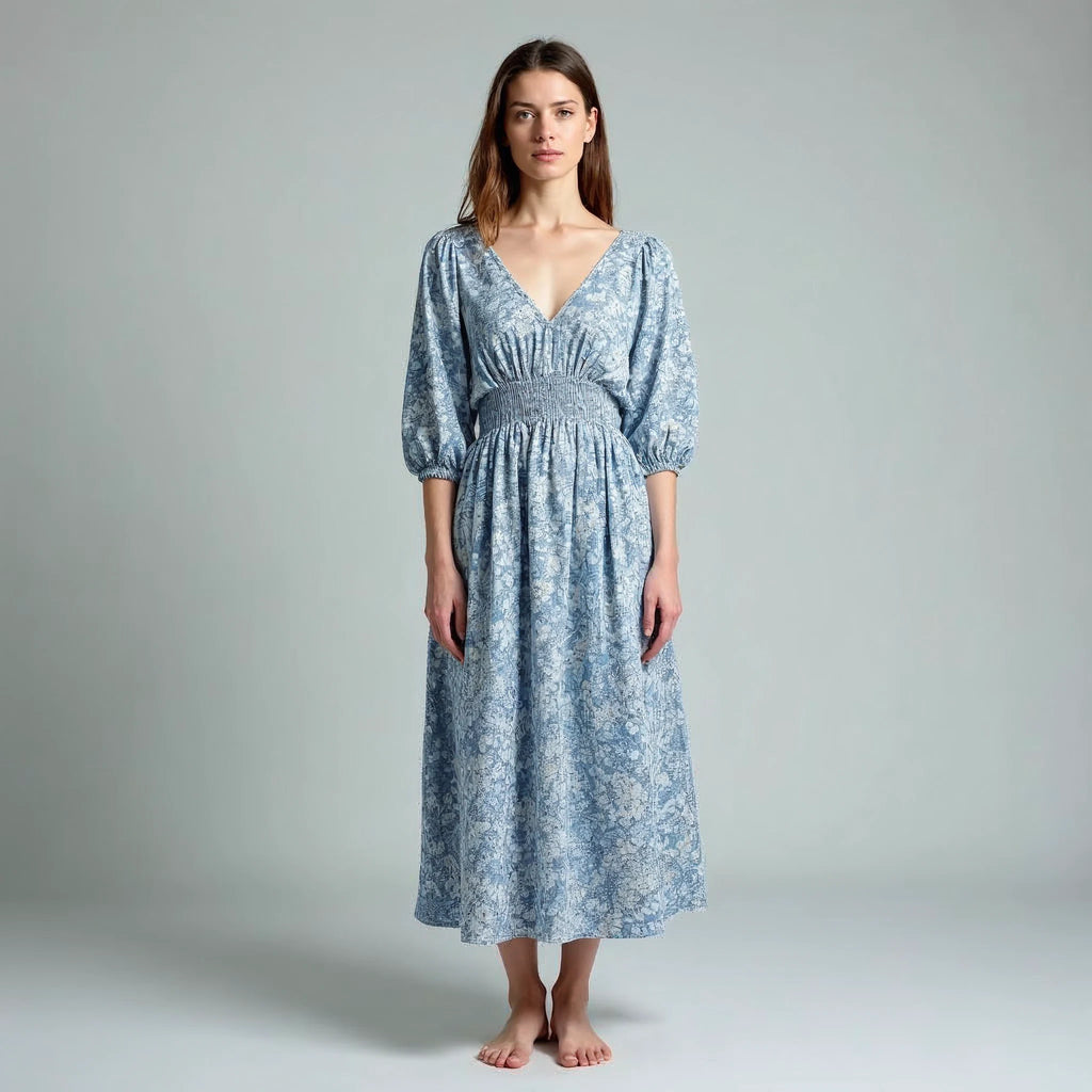 Verlaine - Floral V-Neck Smocked-Waist Midi Dress