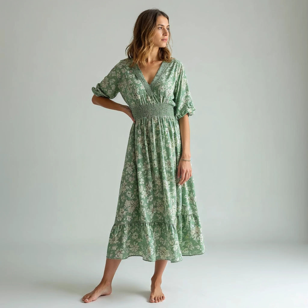 Verlaine - Floral V-Neck Smocked-Waist Midi Dress