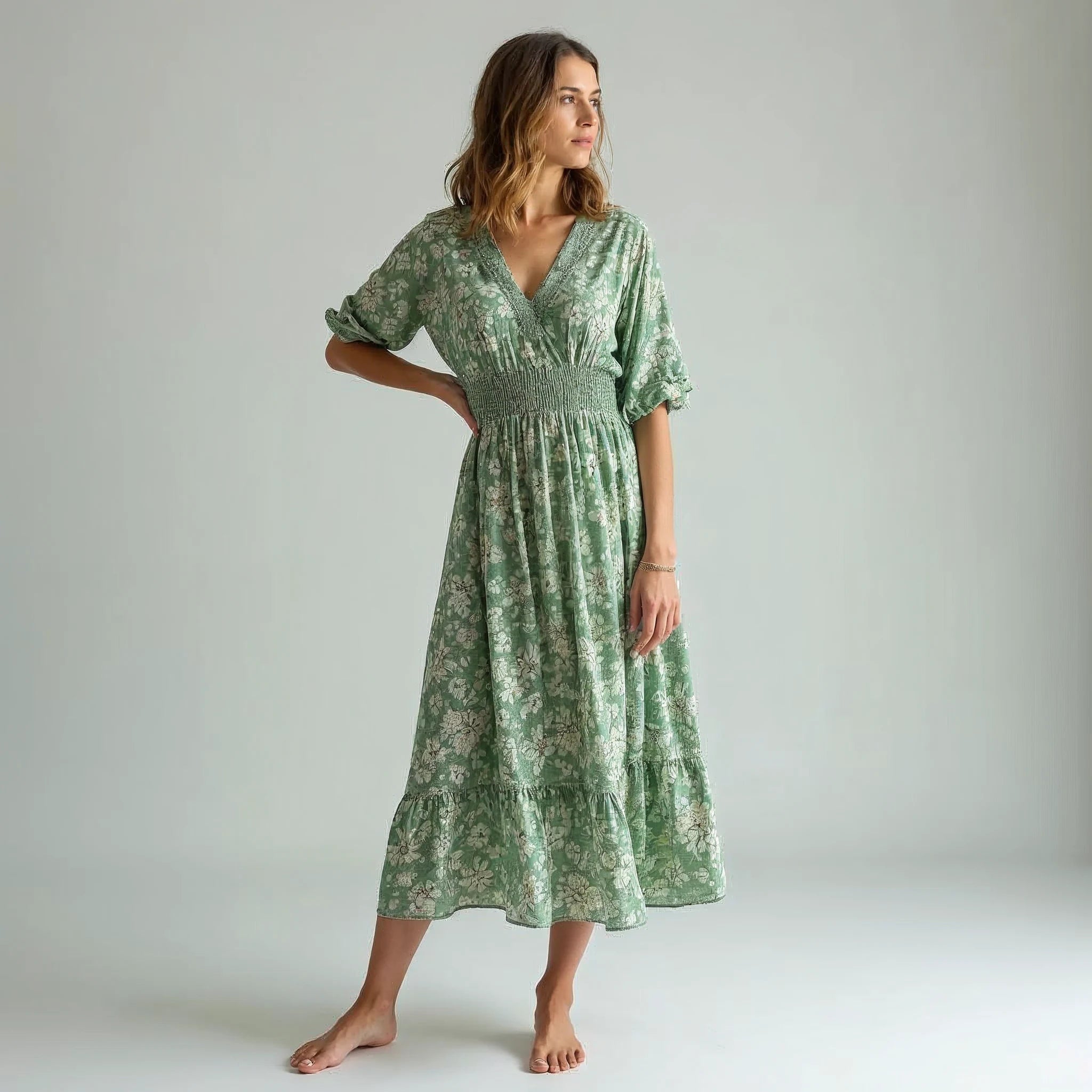 Verlaine - Floral V-Neck Smocked-Waist Midi Dress