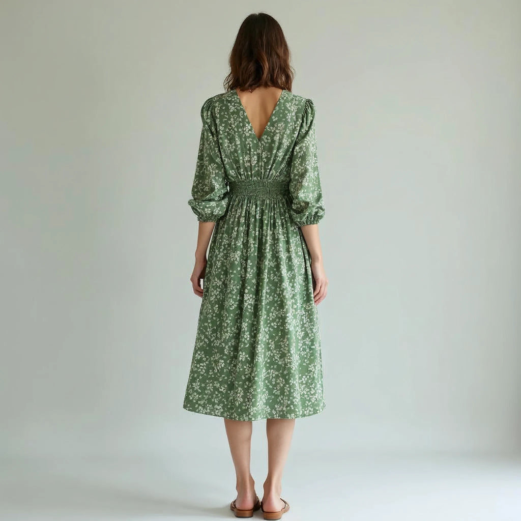 Verlaine - Floral V-Neck Smocked-Waist Midi Dress