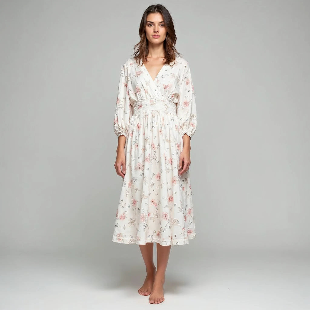 Verlaine - Floral V-Neck Smocked-Waist Midi Dress