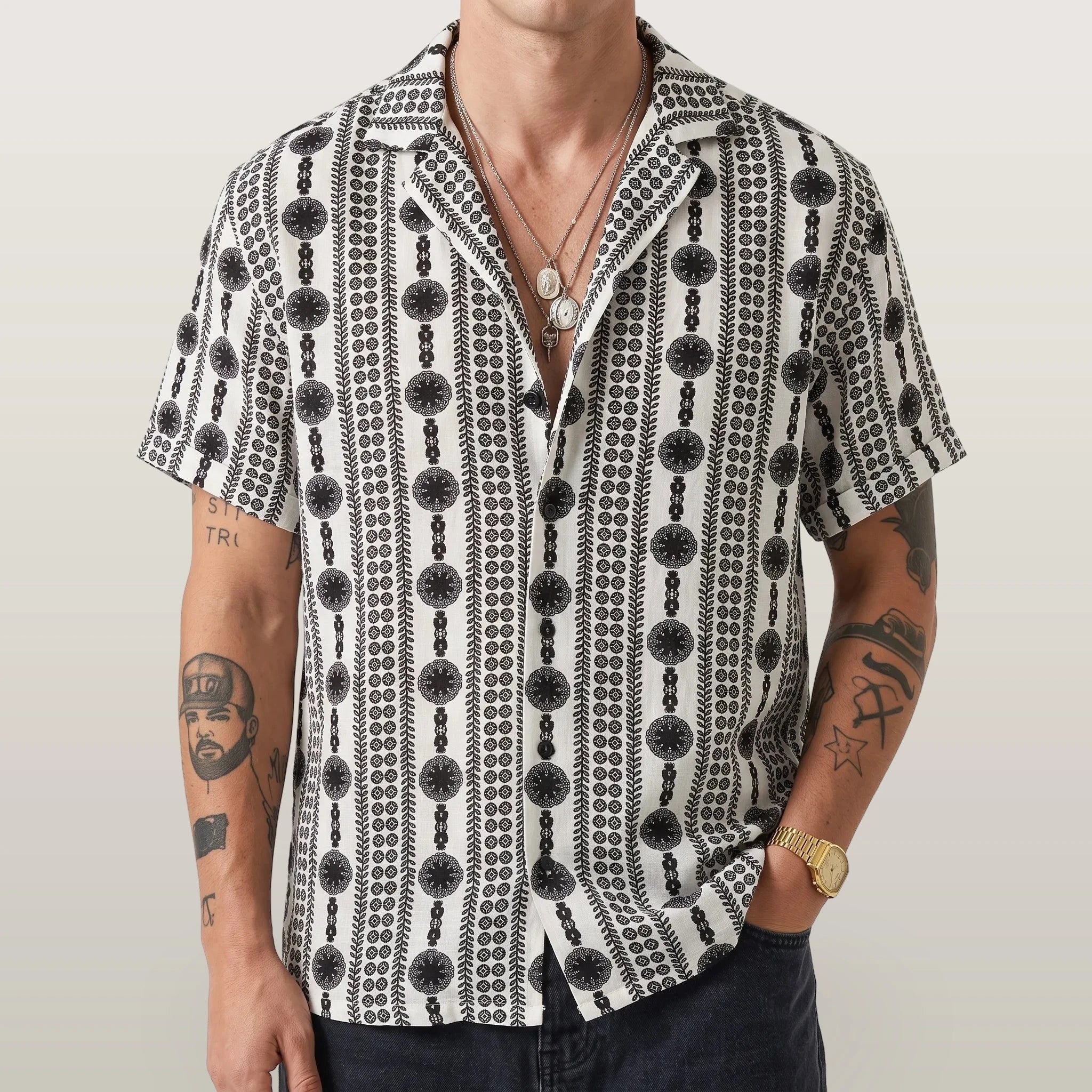 Zelato - Short-Sleeved Geometric Pattern Shirt