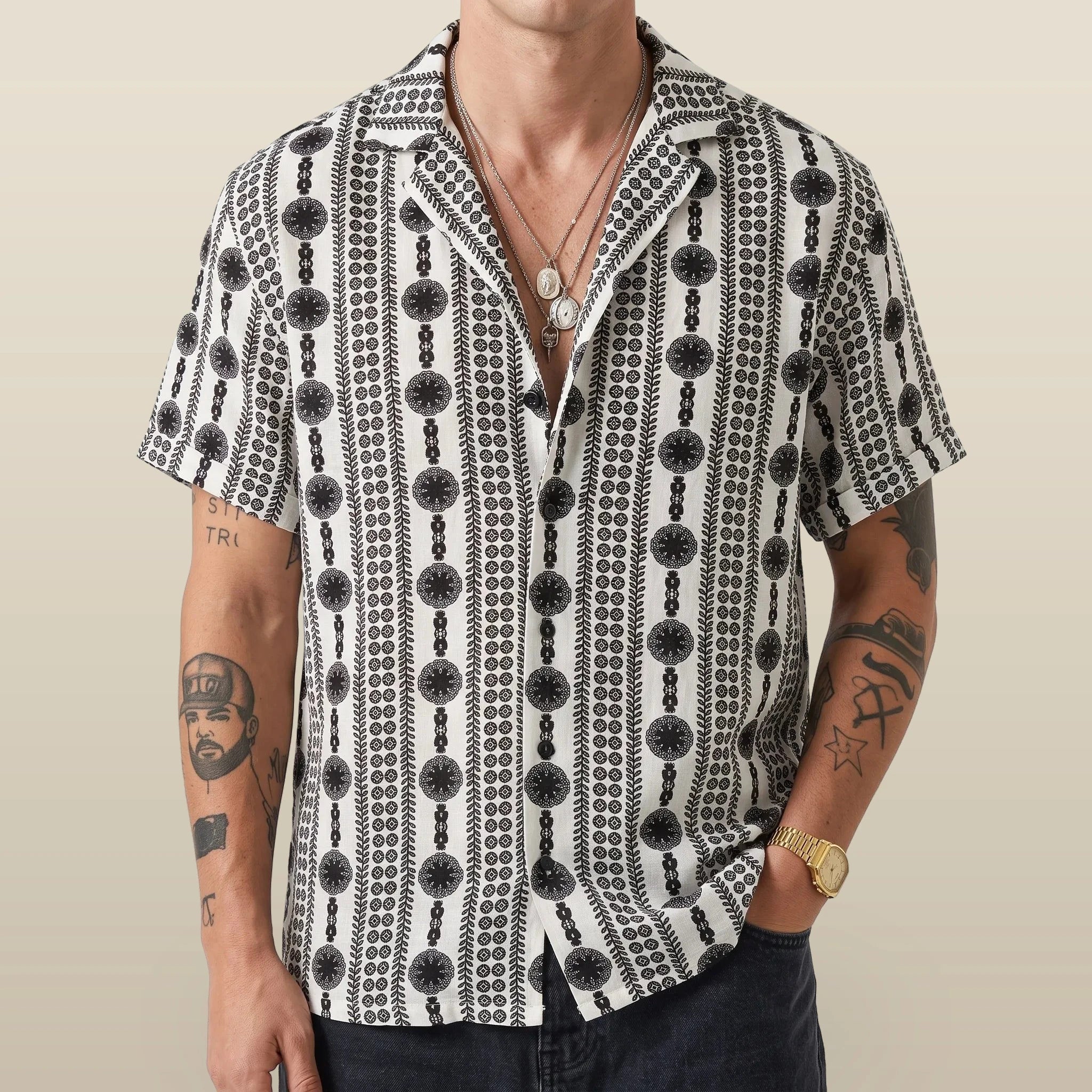 Zelato - Short-Sleeved Geometric Pattern Shirt