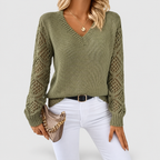 Women's V-Neck Knit Jumper with Openwork Sleeves in Olive Green — view 1