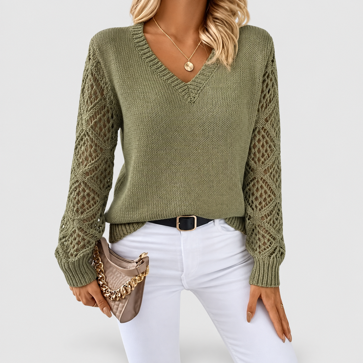 Women's V-Neck Knit Jumper with Openwork Sleeves in Olive Green — view 1
