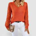 Women's V-Neck Knit Jumper with Openwork Sleeves in Orange — view 3