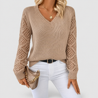 Women's V-Neck Knit Jumper with Openwork Sleeves in Apricot — view 4