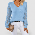 Women's V-Neck Knit Jumper with Openwork Sleeves in Khaki — view 5