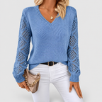 Women's V-Neck Knit Jumper with Openwork Sleeves in Light Blue — view 6