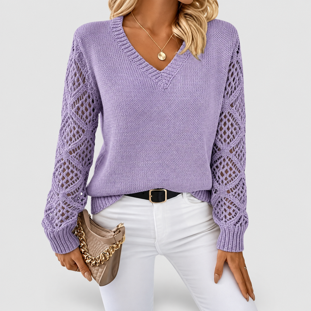 Women's V-Neck Knit Jumper with Openwork Sleeves — view 9
