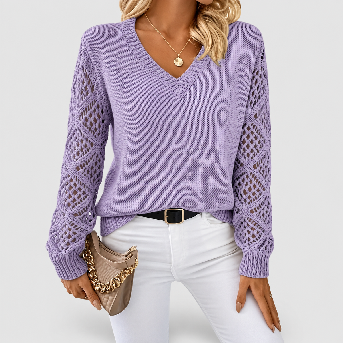 Women's V-Neck Knit Jumper with Openwork Sleeves — view 9