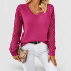 Women's V-Neck Knit Jumper with Openwork Sleeves in Lilac — view 10