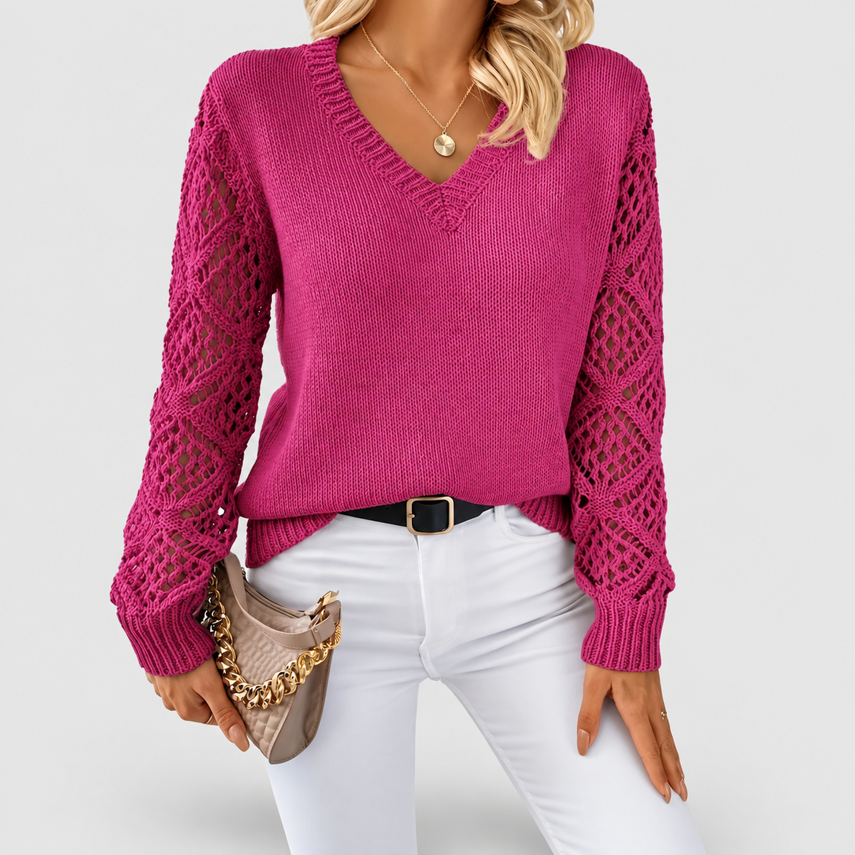 Women's V-Neck Knit Jumper with Openwork Sleeves in Lilac — view 10