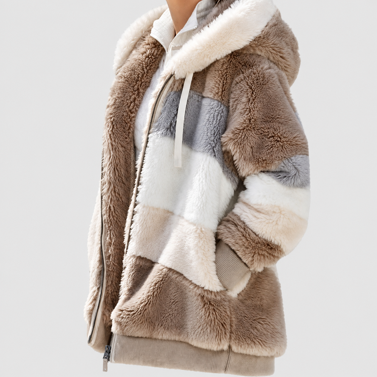 Women's Hooded Colour Block Fluffy Coat — view 2