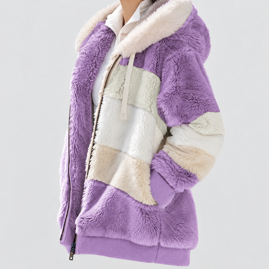 Women's Hooded Colour Block Fluffy Coat — view 3
