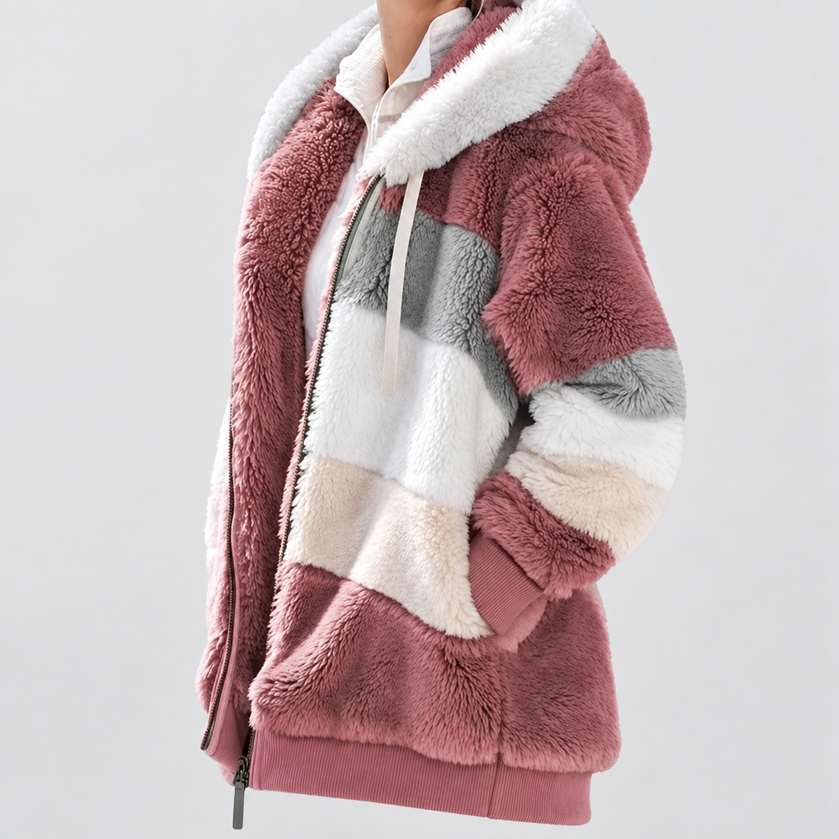 Women's Hooded Colour Block Fluffy Coat — view 4
