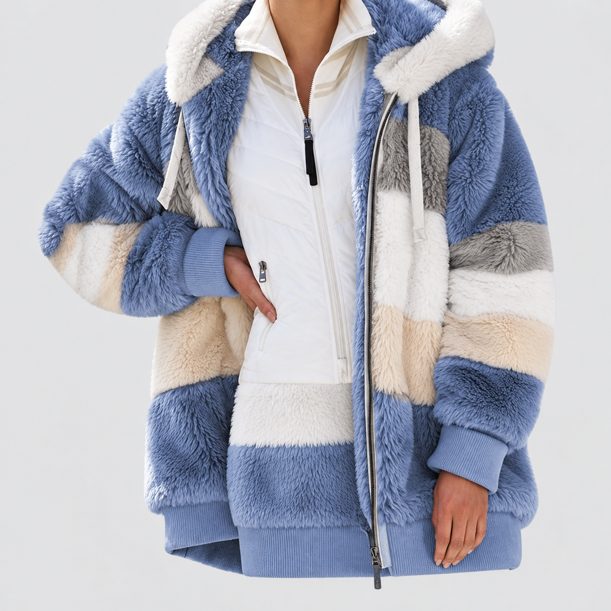 Women's Hooded Colour Block Fluffy Coat — view 5