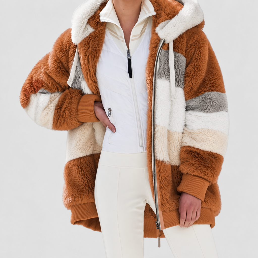Women's Hooded Colour Block Fluffy Coat — view 6