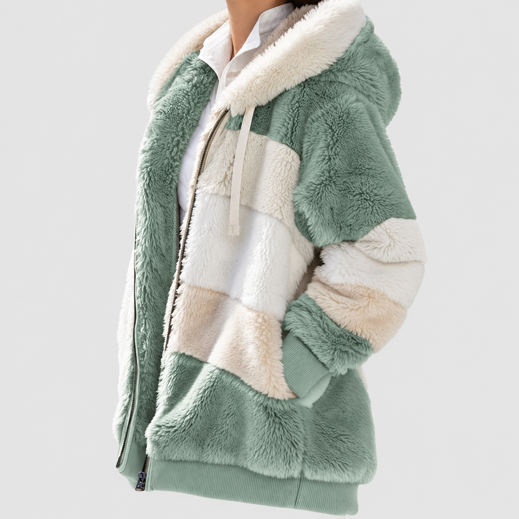 Women's Hooded Colour Block Fluffy Coat — view 7