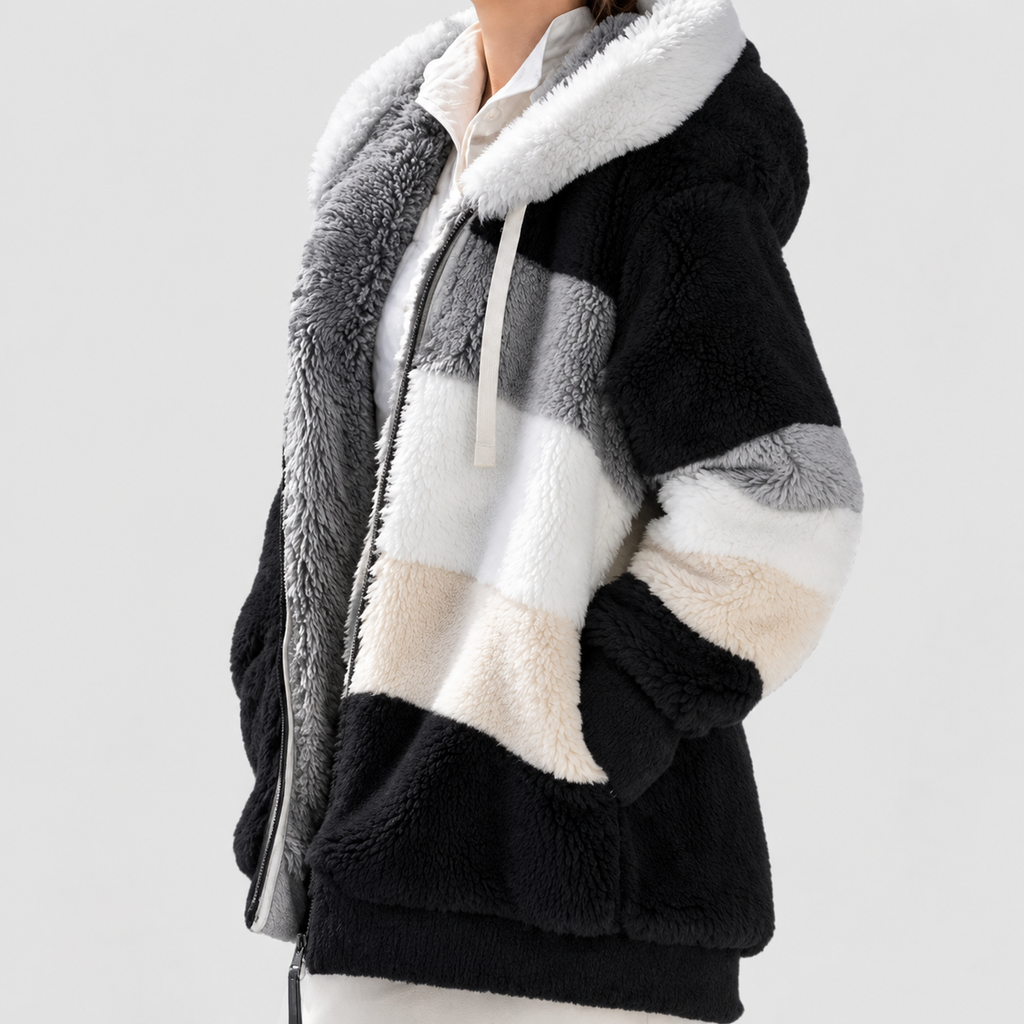Women's Hooded Colour Block Fluffy Coat — view 8