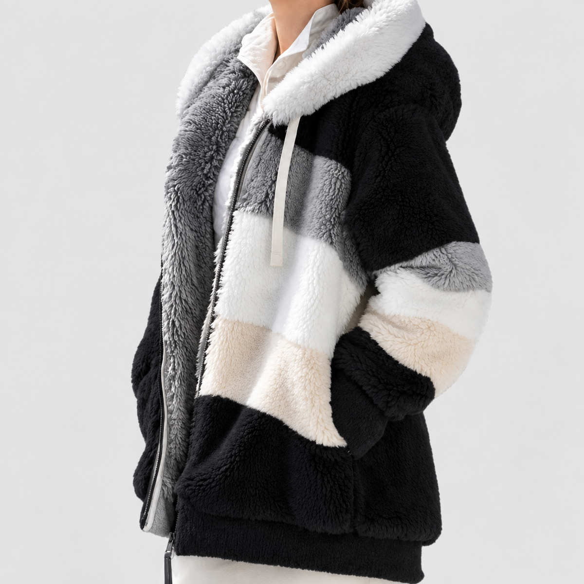 Women's Hooded Colour Block Fluffy Coat — view 8