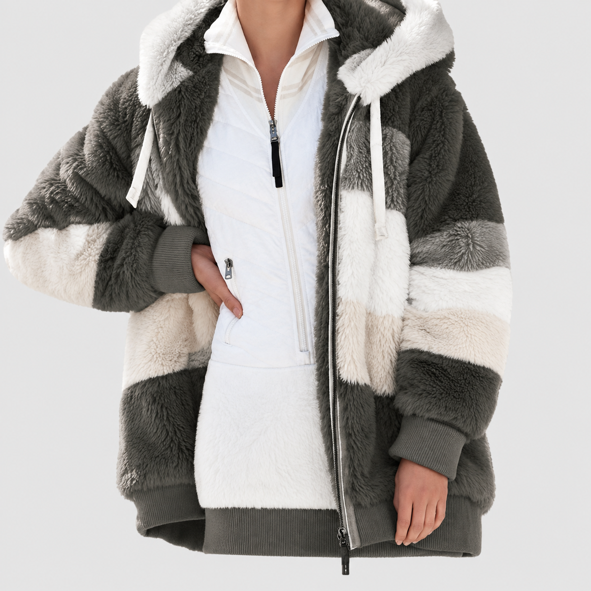 Women's Hooded Colour Block Fluffy Coat — view 9