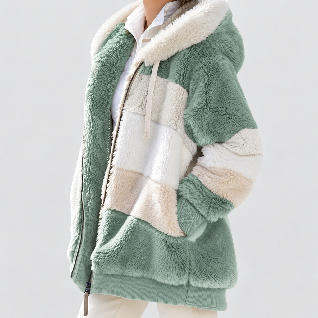 Women's Hooded Colour Block Fluffy Coat in Green — view 10