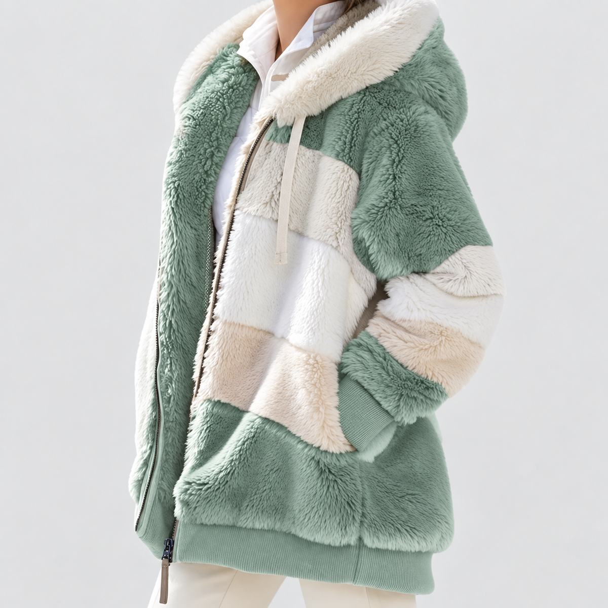 Women's Hooded Colour Block Fluffy Coat in Green — view 10