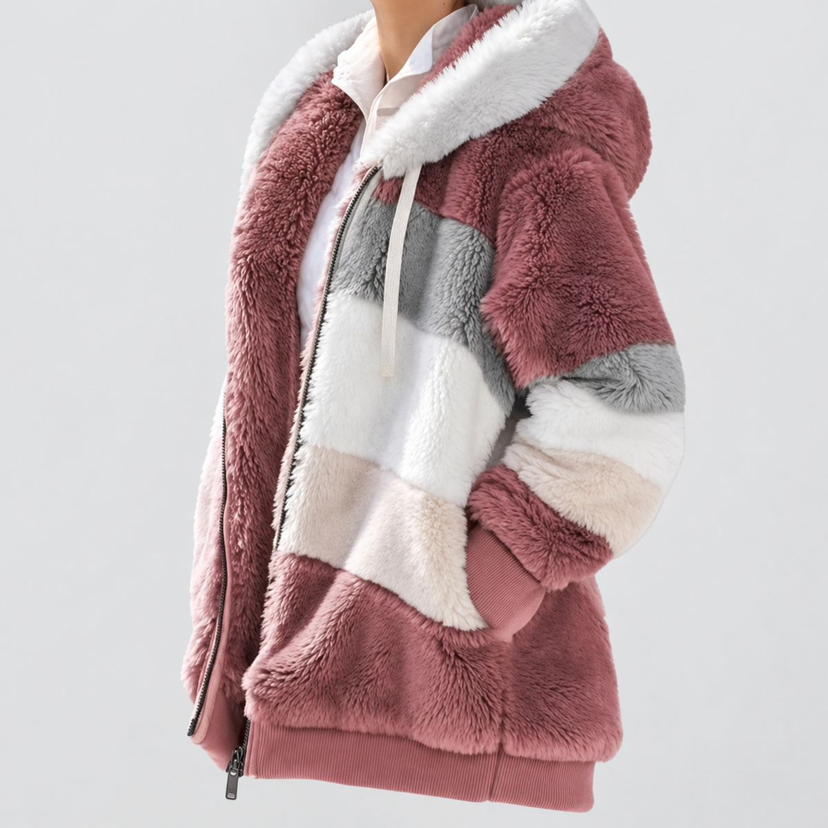 Women's Hooded Colour Block Fluffy Coat in Red — view 11