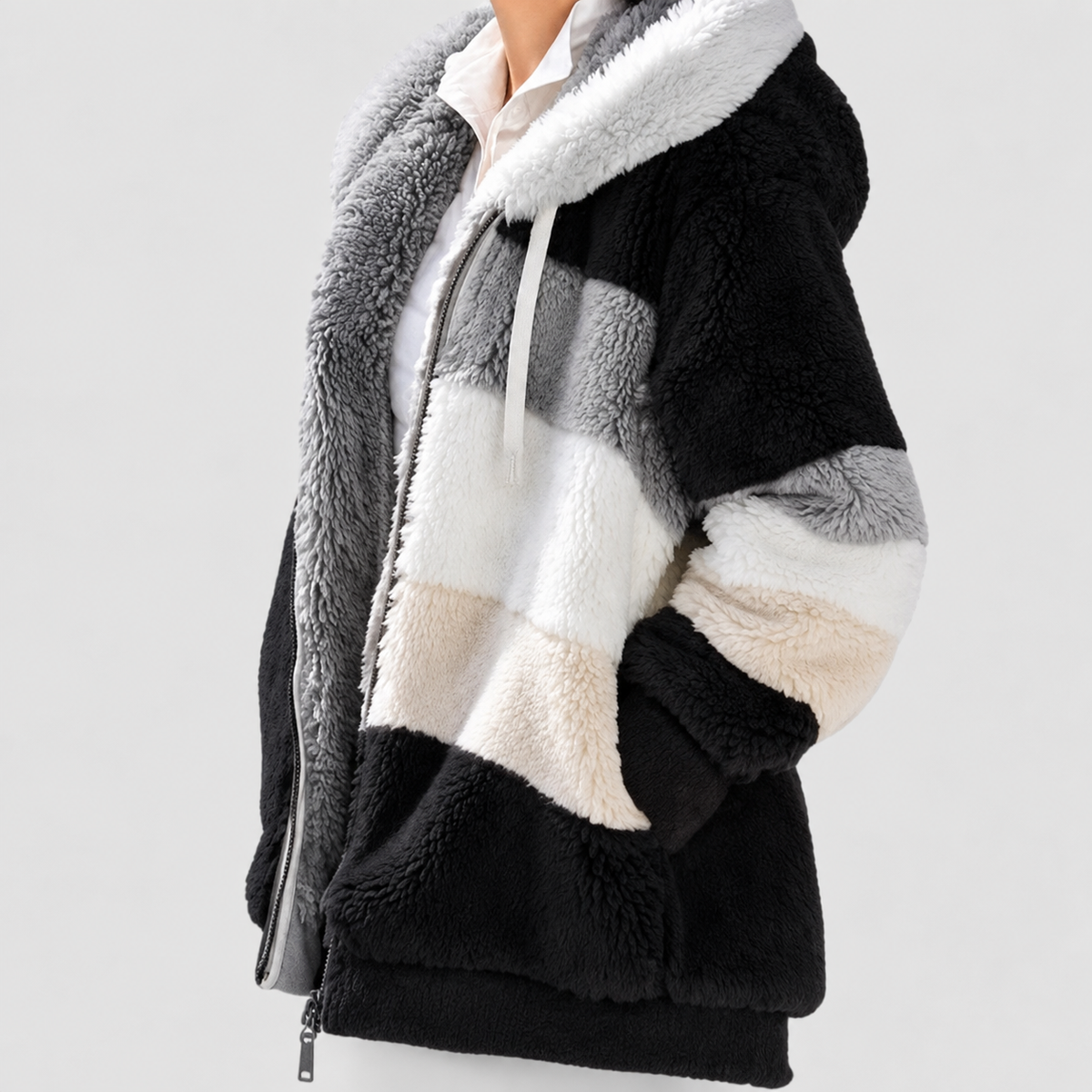 Women's Hooded Colour Block Fluffy Coat in Black — view 12