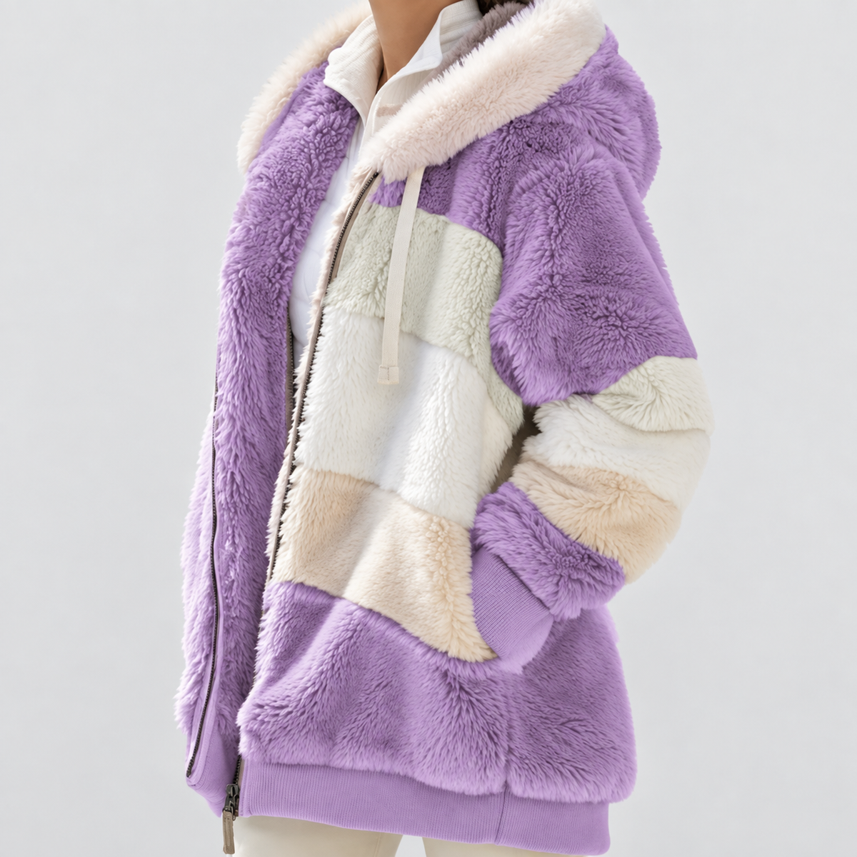 Women's Hooded Colour Block Fluffy Coat in Purple — view 13