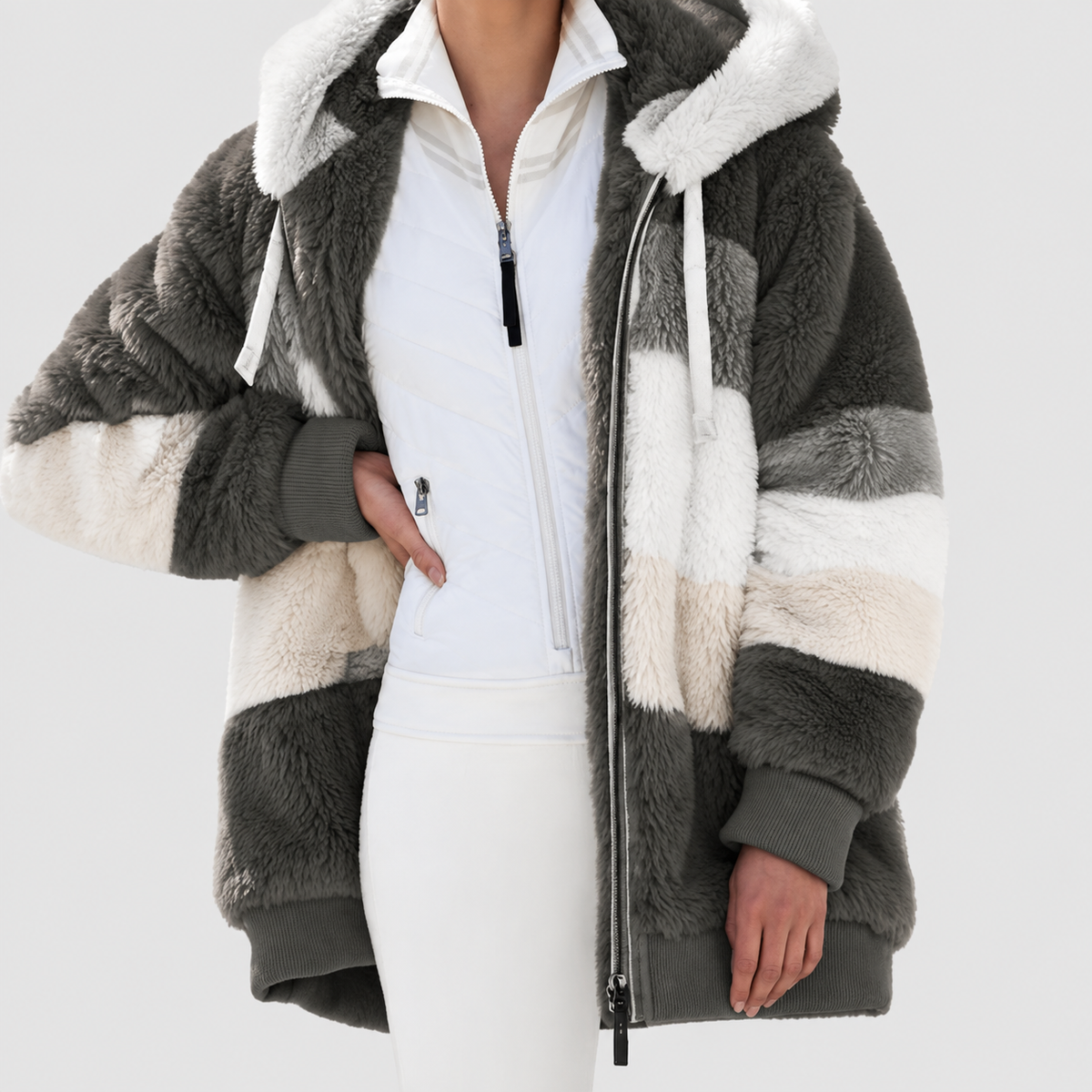 Women's Hooded Colour Block Fluffy Coat in Army Green — view 14