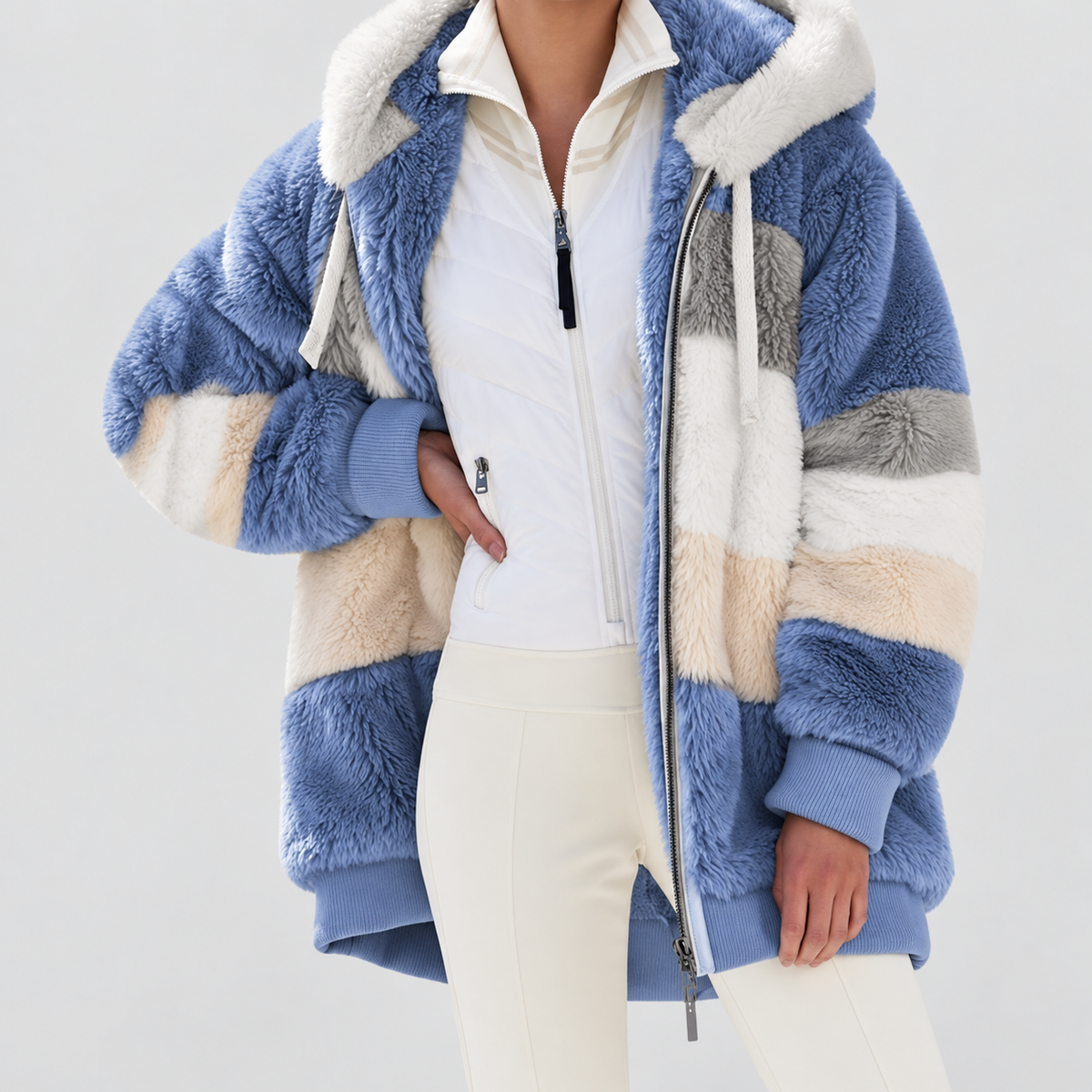 Women's Hooded Colour Block Fluffy Coat in Blue — view 15