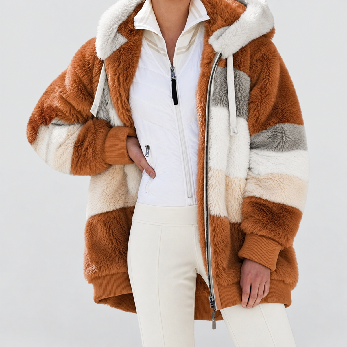 Women's Hooded Colour Block Fluffy Coat in Brown — view 16