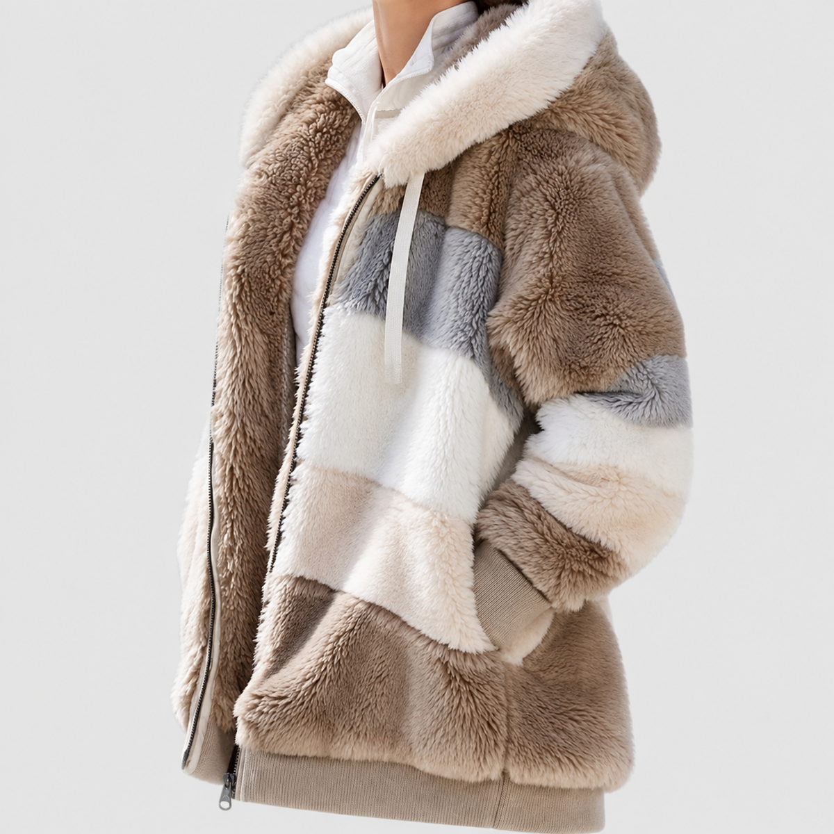 Women's Hooded Colour Block Fluffy Coat in Khaki — view 17