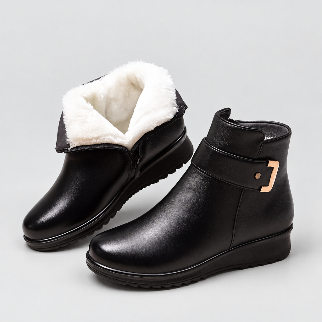 Women's Fleece-Lined Ankle Boots with Buckle Detail in Black — view 1