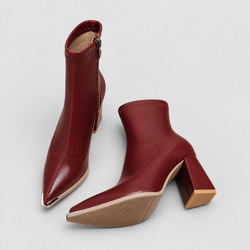 Women's Pointed-Toe Ankle Boots with Side Zip in Brick Red — view 1