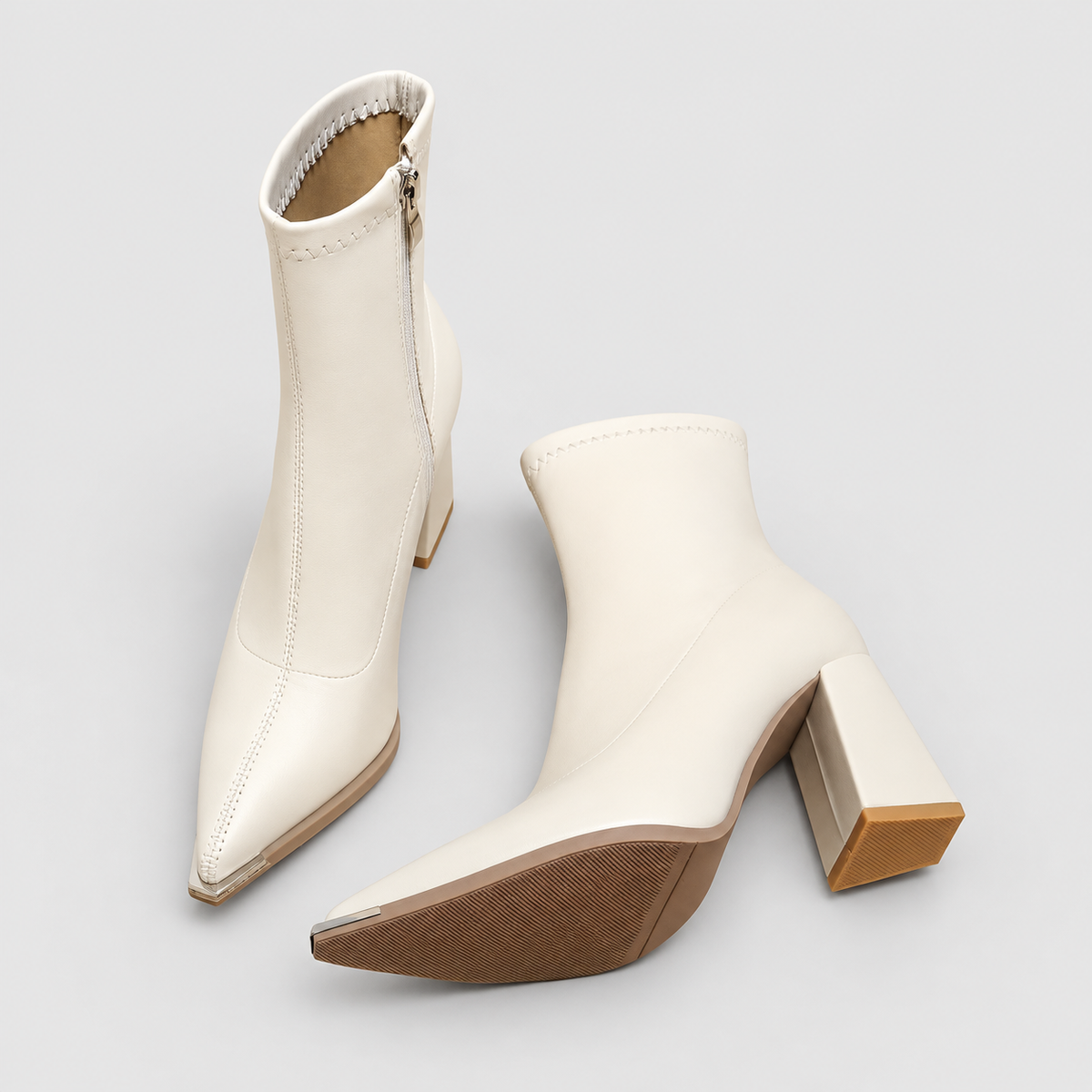 Women's Pointed-Toe Ankle Boots with Side Zip in Beige — view 3