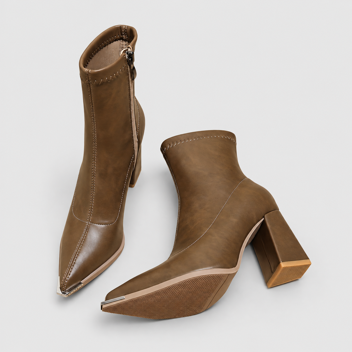 Women's Pointed-Toe Ankle Boots with Side Zip in Khaki — view 4