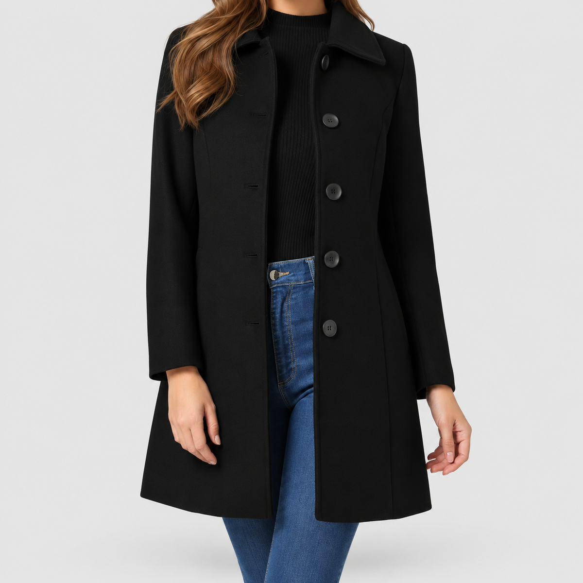 Women's Tailored A-Line Coat with Lapel Collar in Black — view 3