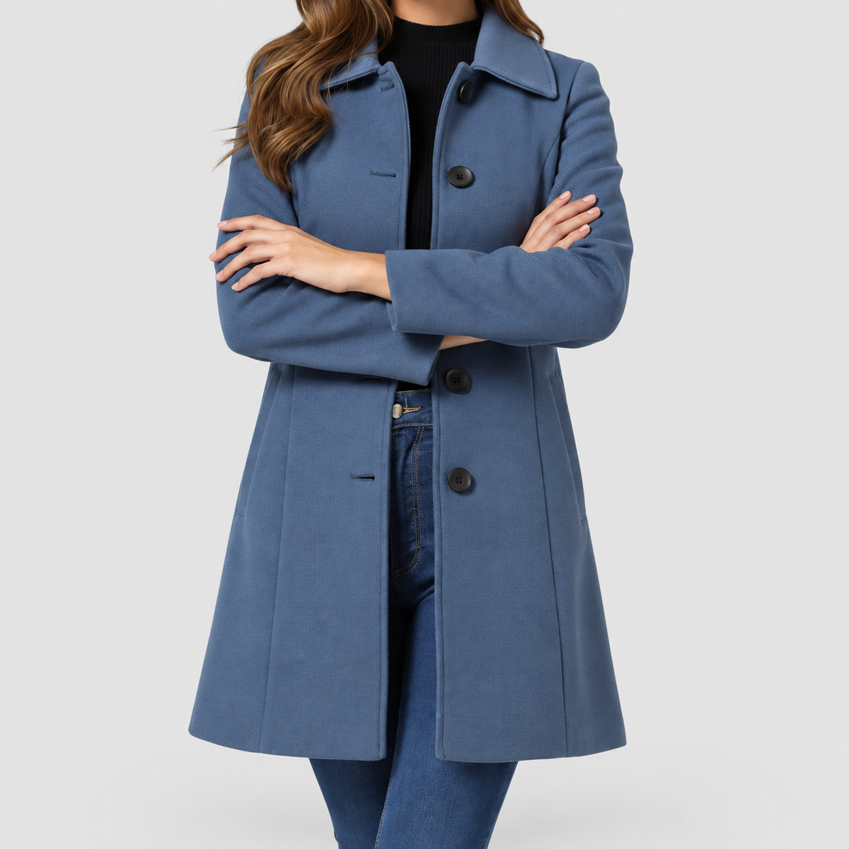 Women's Tailored A-Line Coat with Lapel Collar in Blue — view 5