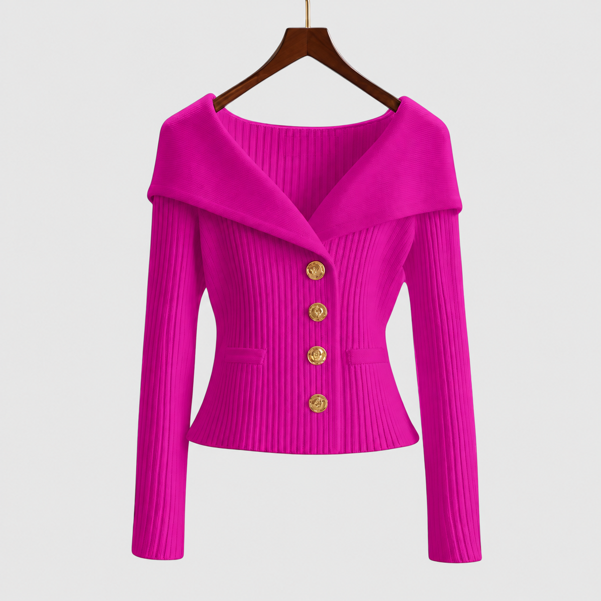 Women's Elegant Ribbed Cardigan with Gold-Tone Buttons in Pink — view 1
